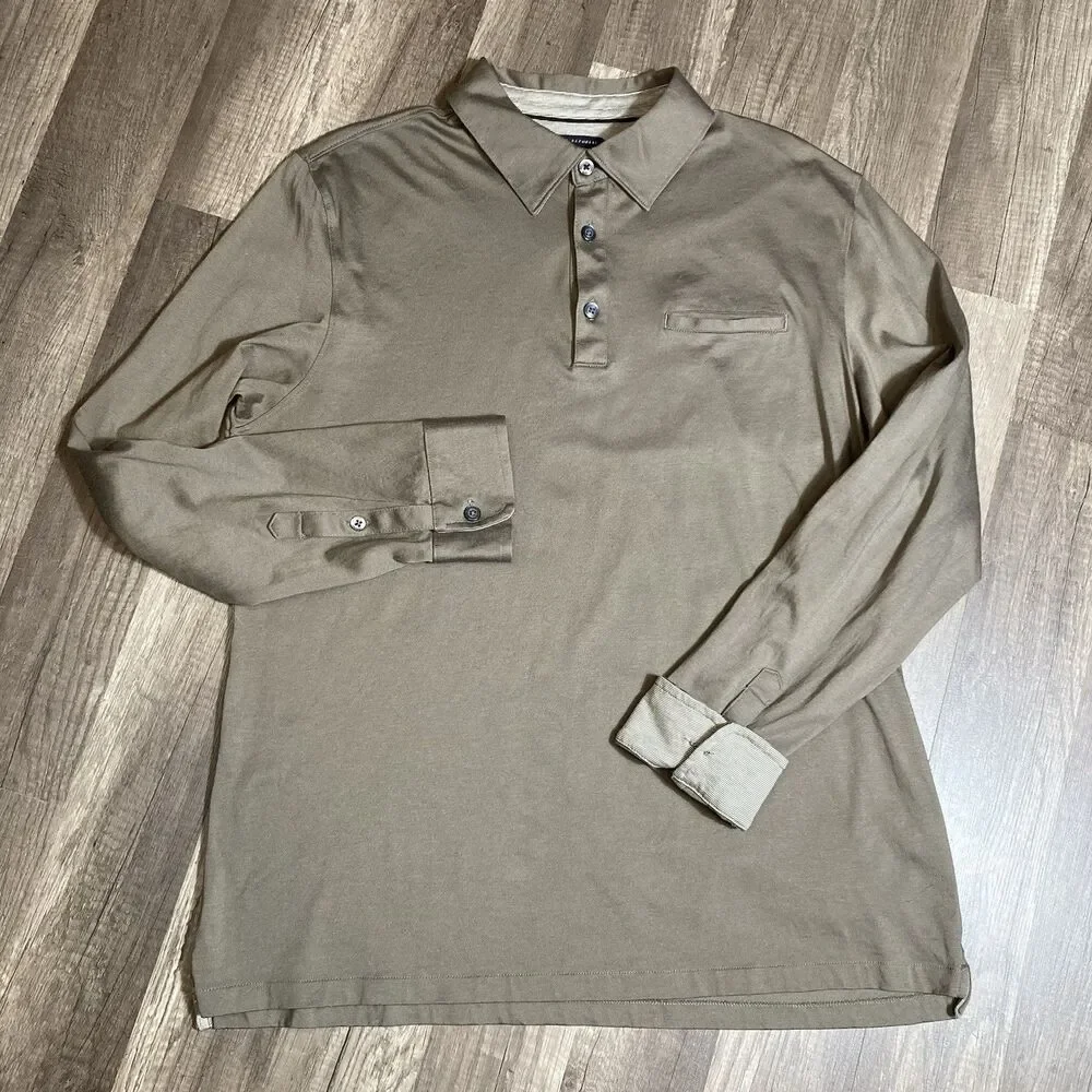 Banana Republic Long Sleeve Polo Shirt Mens Brown Cotton Stretch Flip Cuff XL